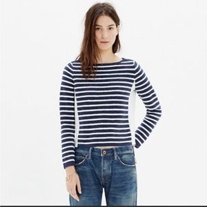 Madewell Shoulder Zip Crop Sweater Blue White Stripe Chambray